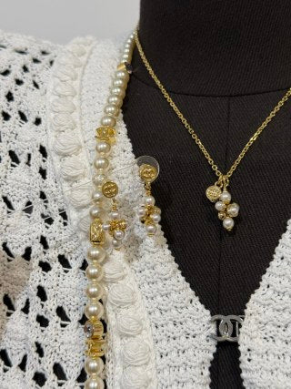 Chanel Lava-style Button and Small Pearl Earrings