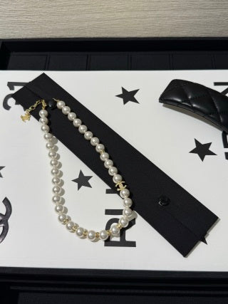 Chanel Light Gold Short Necklace with White Pearls and Full Pavé Crystals