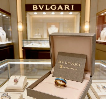 Bvlgari Gold Blue Accent Wide Band Ring – Elegant Luxury Jewelry