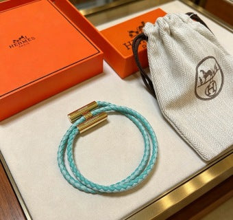 Hermès Aqua Braided Leather Double Wrap Bracelet